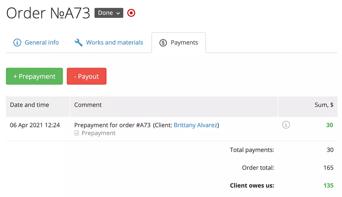 Prepayments and Payouts on Orders in the Done group statuses