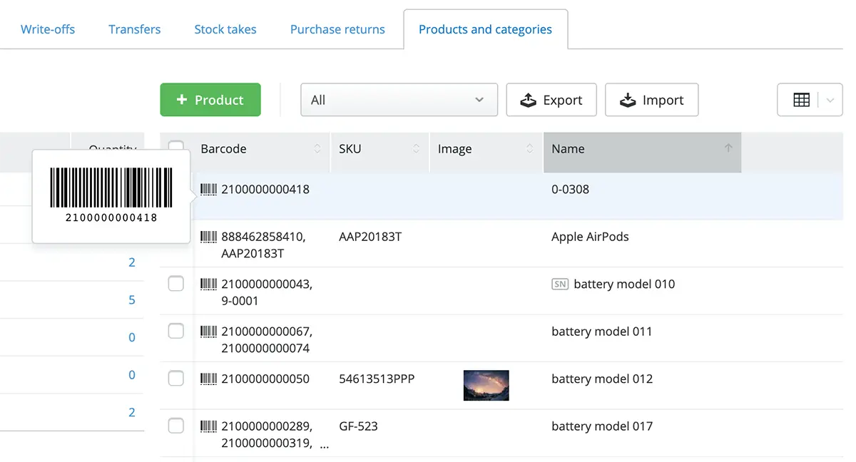 Barcode Column in the Products and Categories Tab