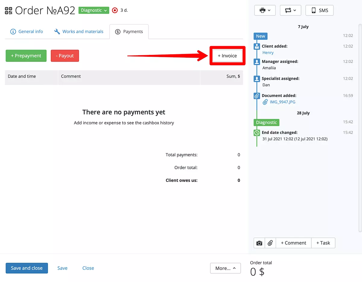 Creating an invoice directly from repair orders in RemOnline