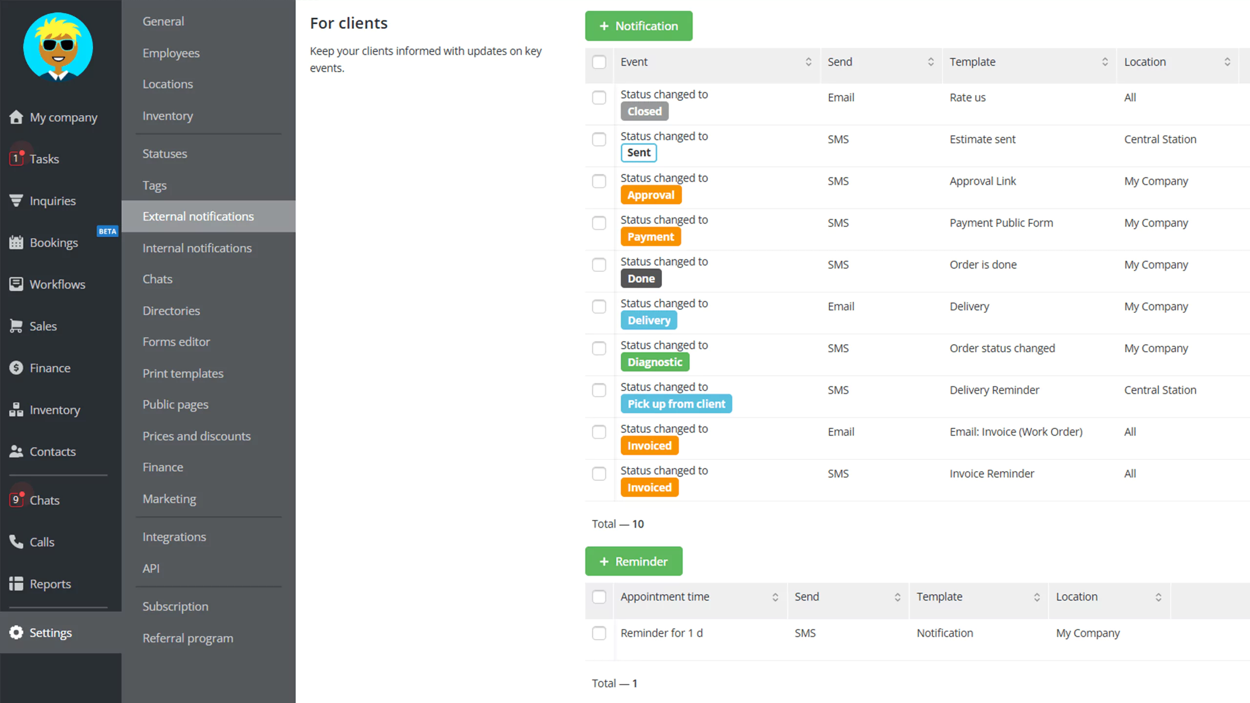 Create notifications for clients