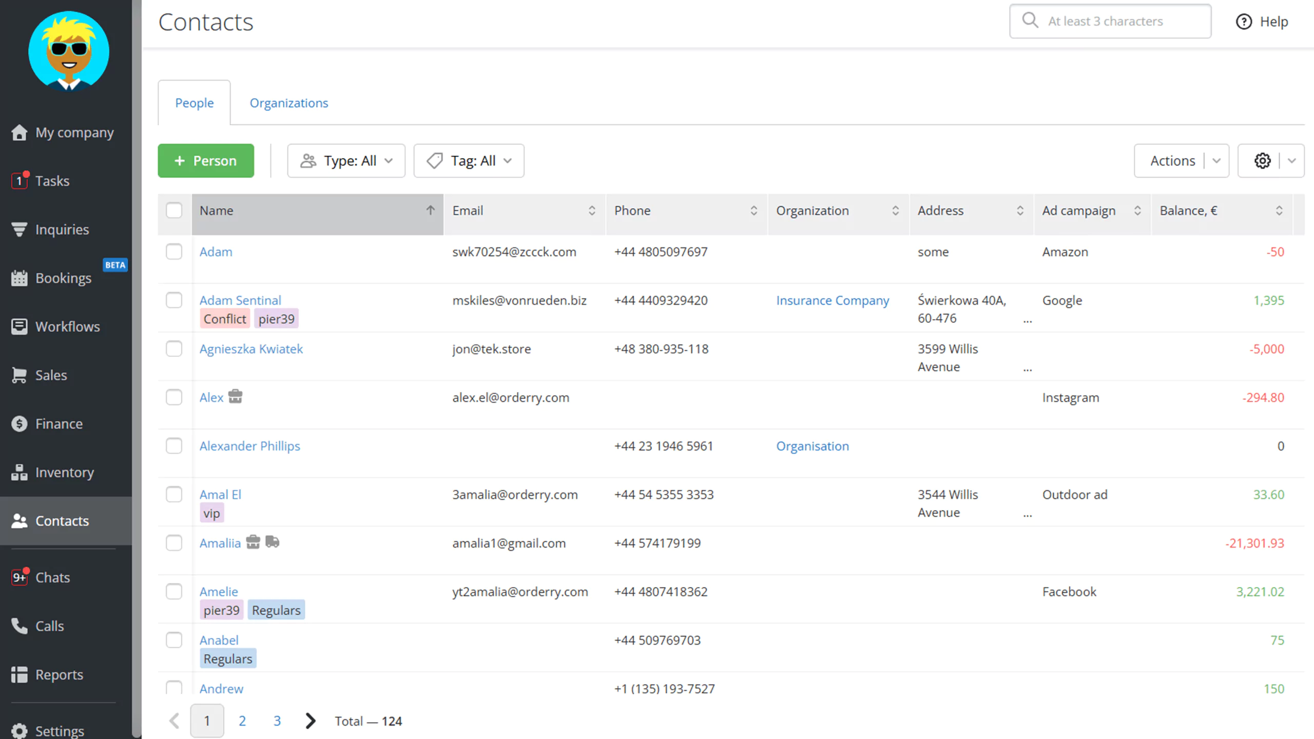 Organized contact list with tags, balances, and campaigns