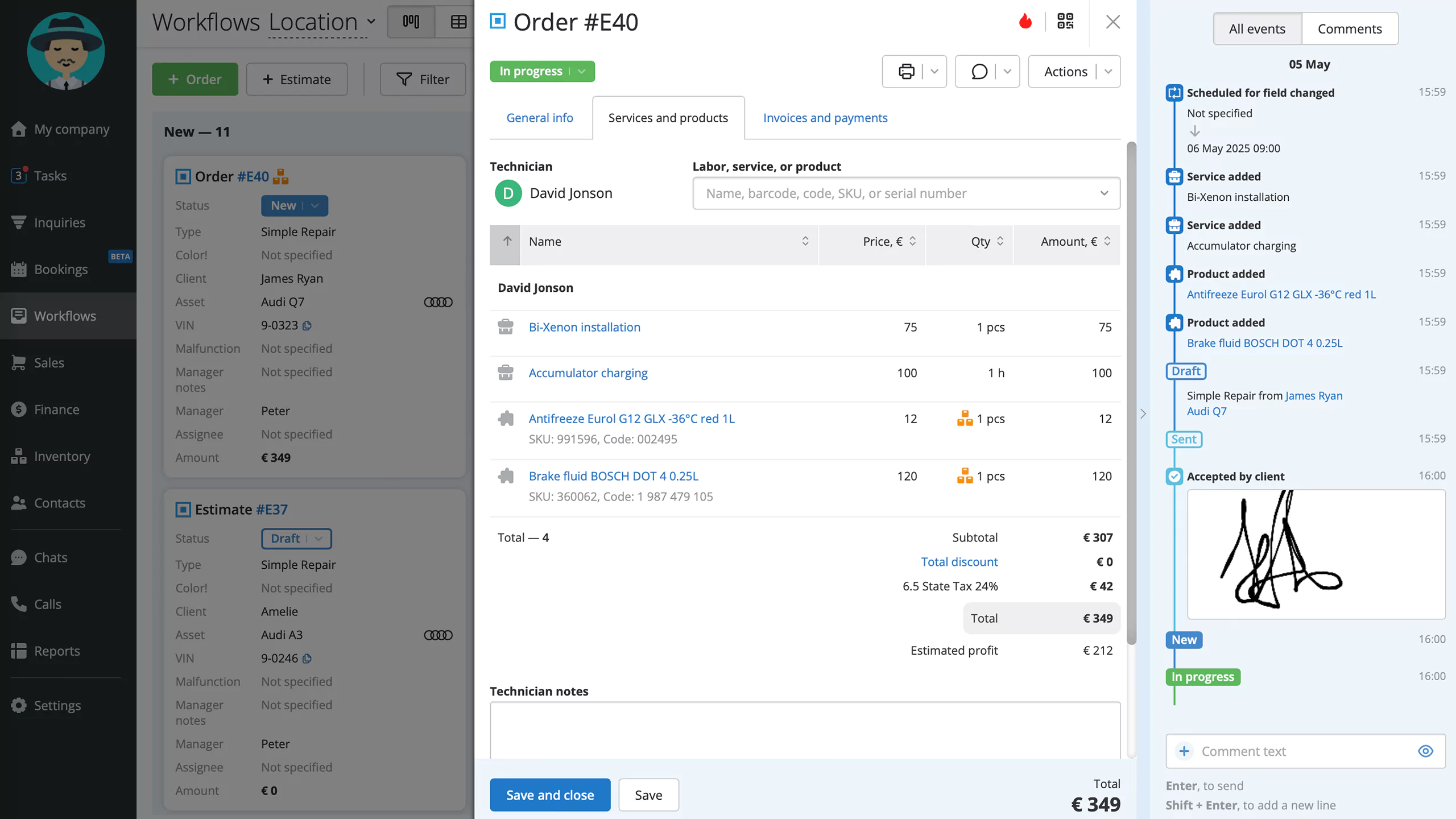 Detailed event feed in the work order