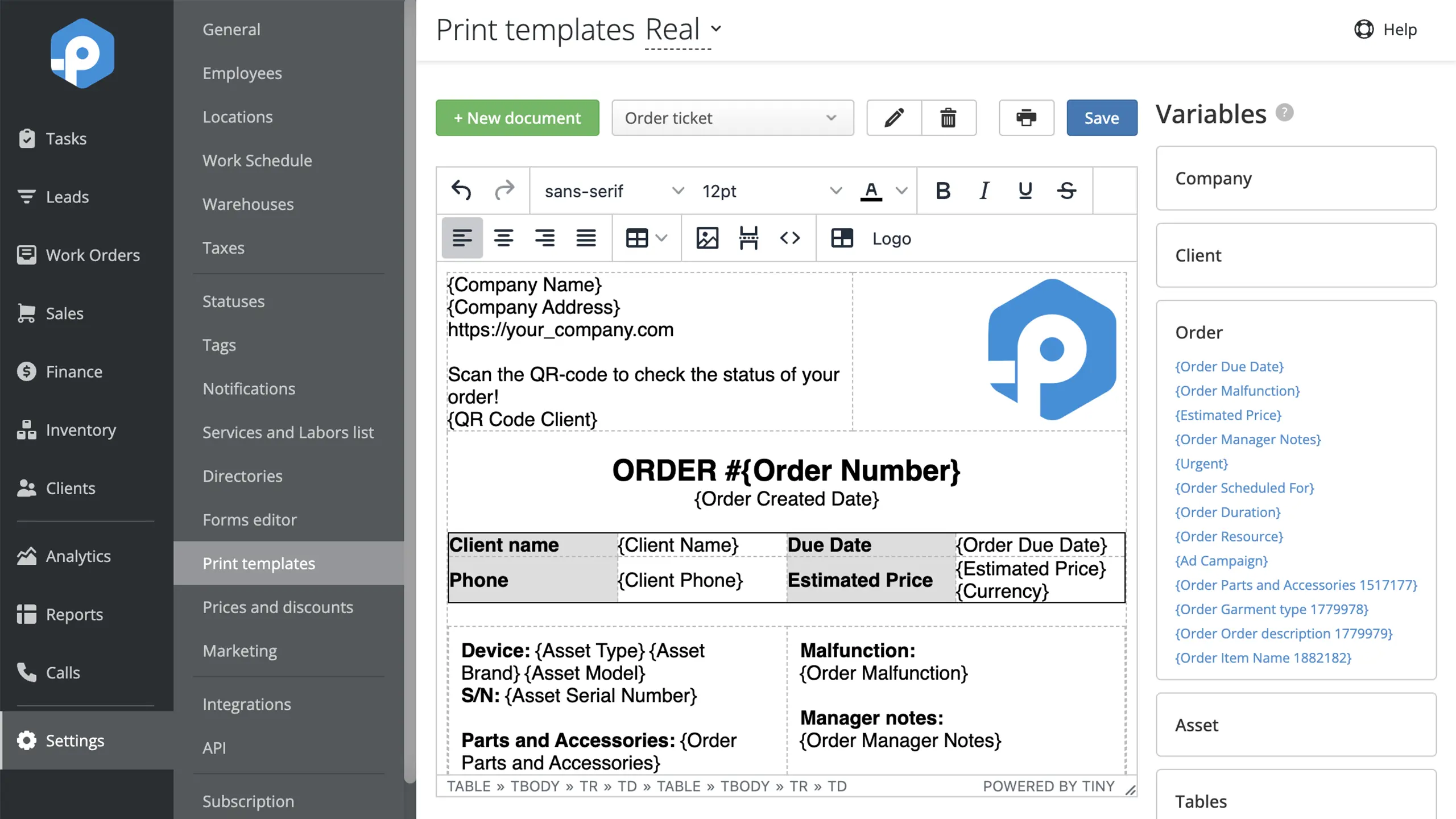 Screenshot of the Document Template Editor in RemOnline