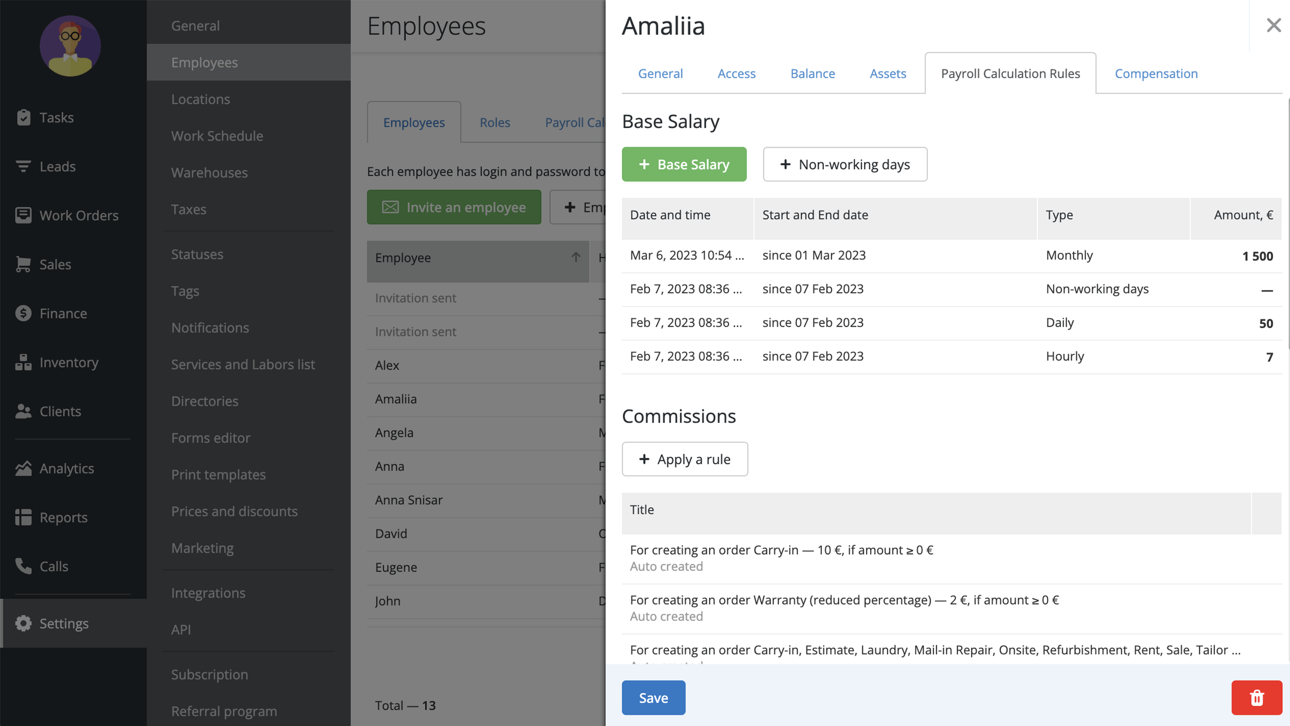 Screenshot of Payroll settings in RemOnline