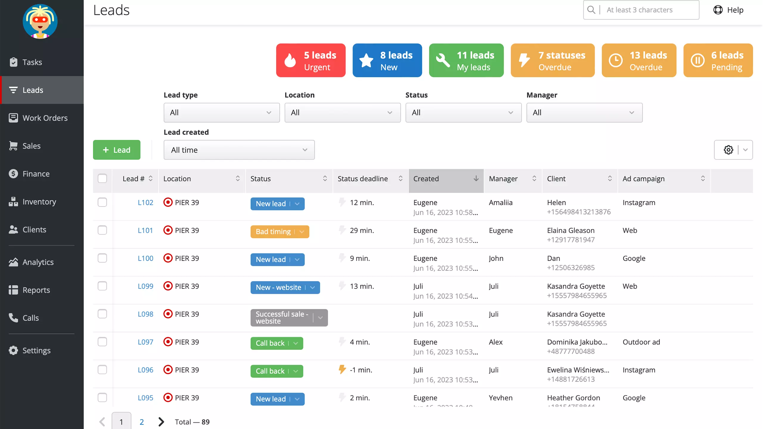 Initial statuses for lead and work order workflows